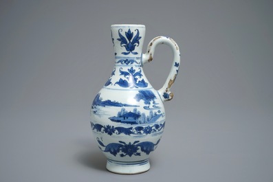Een Chinese blauwwitte kan met landschapsdecor, Transitie periode
