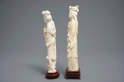 Two Chinese carved ivory figures of ladies with blossoms, 1st half 20th C.