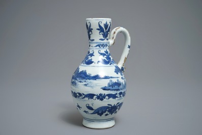 Een Chinese blauwwitte kan met landschapsdecor, Transitie periode