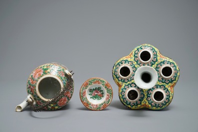 A Chinese famille rose Straits or Peranakan tulip vase and a Canton teapot, 19th C.