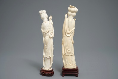 Two Chinese carved ivory figures of ladies with blossoms, 1st half 20th C.