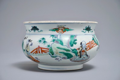 A Chinese doucai censer with figures in a landscape, Chenghua mark, Kangxi