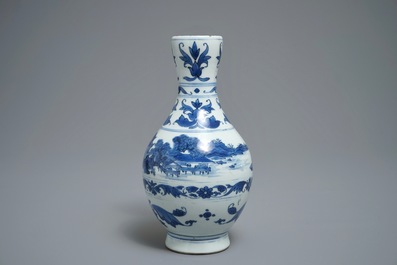 Een Chinese blauwwitte kan met landschapsdecor, Transitie periode