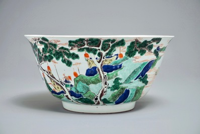 A large Chinese famille verte bowl with figures in a landscape, Kangxi
