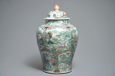A large Chinese famille verte vase and cover with figures in fluvial landscapes, Kangxi