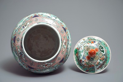 A large Chinese famille verte vase and cover with figures in fluvial landscapes, Kangxi