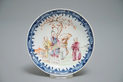 A Chinese famille rose mandarin teapot with cup and saucer, Qianlong