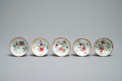 A collection of 15 Chinese famille rose capucin-ground cups and 21 saucers, Qianlong