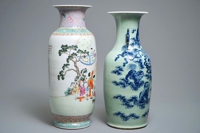 A Chinese famille rose vase, Republic, and a blue and white celadon-ground vase, 19th C.