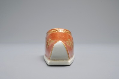 A Chinese coral-ground and gilt miniature shoe with hidden famille rose erotical design, 19/20th C.