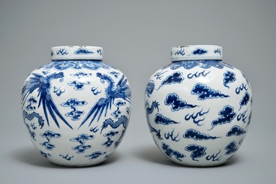 Two Chinese blue and white 'dragon and phoenix' jars, 19th C.