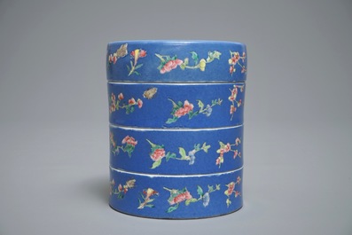 A Chinese blue-ground famille rose four-tier box, Tongzhi mark, 19th C.