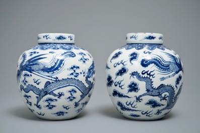 Two Chinese blue and white 'dragon and phoenix' jars, 19th C.