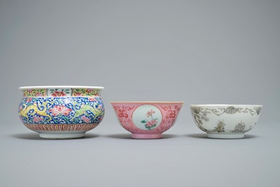 Two Chinese famille rose and grisaille bowls and an incense burner, Yongzheng and later