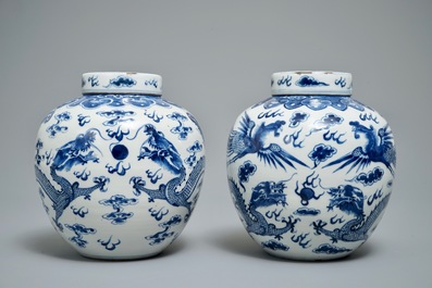 Two Chinese blue and white 'dragon and phoenix' jars, 19th C.