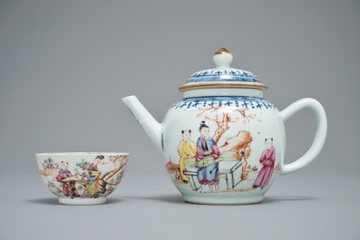 A Chinese famille rose mandarin teapot with cup and saucer, Qianlong