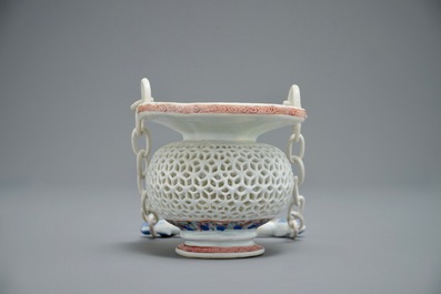 A rare Chinese famille rose reticulated hanging basket, Yongzheng/Qianlong