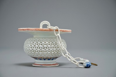 A rare Chinese famille rose reticulated hanging basket, Yongzheng/Qianlong