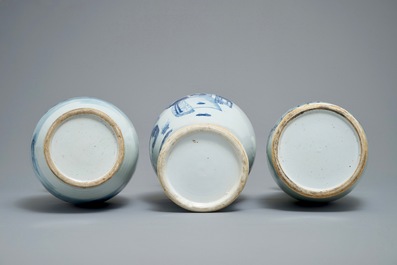 Three Chinese blue and white vases, 19th C.