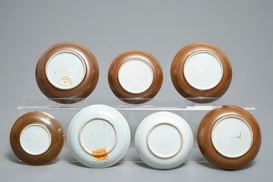 A collection of 15 Chinese famille rose capucin-ground cups and 21 saucers, Qianlong