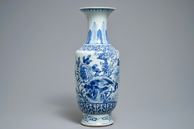 A large Chinese blue and white vase with a lady and calligraphy, 19th C.