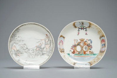 Two Chinese famille rose and grisaille export cups and saucers, Qianlong