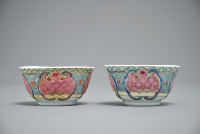 A pair of Chinese famille rose eggshell cups and saucers with overglaze floral design, Yongzheng