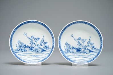 A pair of Chinese blue and white mythological cups and saucers depicting Neptune, Qianlong