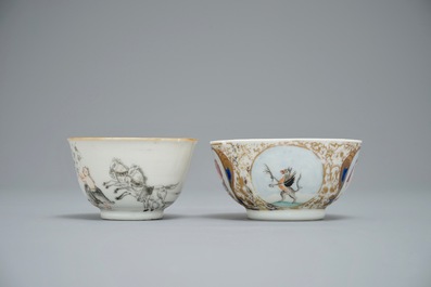 Two Chinese famille rose and grisaille export cups and saucers, Qianlong