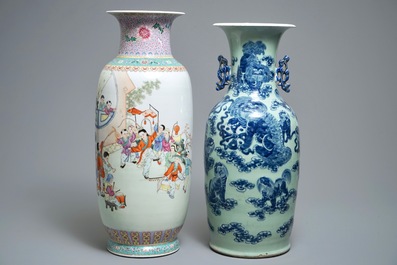 A Chinese famille rose vase, Republic, and a blue and white celadon-ground vase, 19th C.