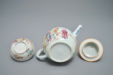A Chinese famille rose mandarin teapot with cup and saucer, Qianlong