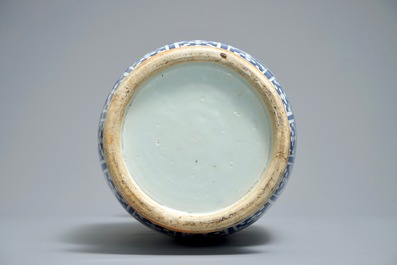 A large Chinese blue and white vase with a lady and calligraphy, 19th C.
