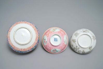 Two Chinese famille rose and grisaille bowls and an incense burner, Yongzheng and later
