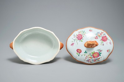 A pair of Chinese famille rose covered tureens on stands, Qianlong