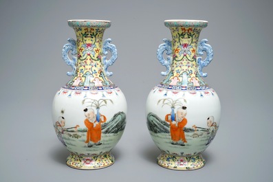 A pair of Chinese famille rose vases with playing boys, Qianlong mark, Republic, 20th C.