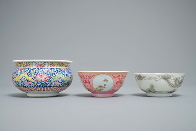Two Chinese famille rose and grisaille bowls and an incense burner, Yongzheng and later