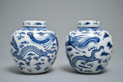 Two Chinese blue and white 'dragon and phoenix' jars, 19th C.