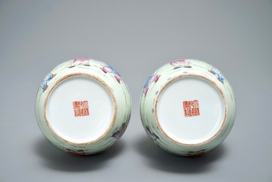 A pair of Chinese famille rose vases with playing boys, Qianlong mark, Republic, 20th C.