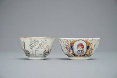 Two Chinese famille rose and grisaille export cups and saucers, Qianlong