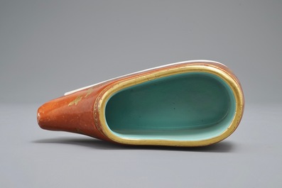 A Chinese coral-ground and gilt miniature shoe with hidden famille rose erotical design, 19/20th C.