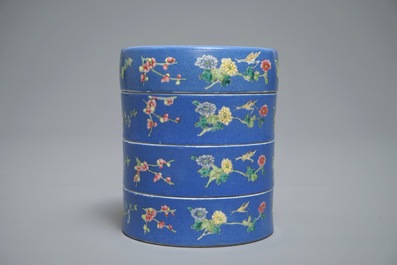 A Chinese blue-ground famille rose four-tier box, Tongzhi mark, 19th C.