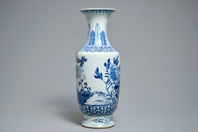 A large Chinese blue and white vase with a lady and calligraphy, 19th C.
