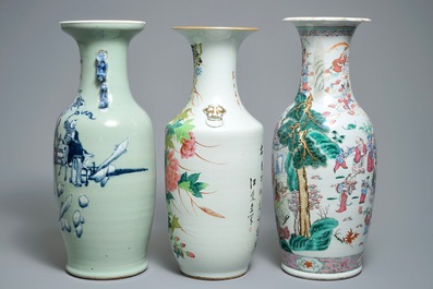 Three tall Chinese famille rose and celadon-ground vases, 19/20th C.