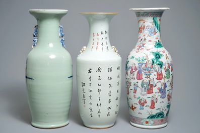 Three tall Chinese famille rose and celadon-ground vases, 19/20th C.