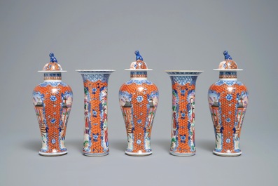 A famille rose-style five-piece garniture with Mandarin design, Samson, Paris, 19th C.
