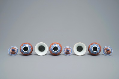 A famille rose-style five-piece garniture with Mandarin design, Samson, Paris, 19th C.