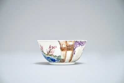 A fine Chinese famille rose cup and saucer with a lady and her dog, Yongzheng
