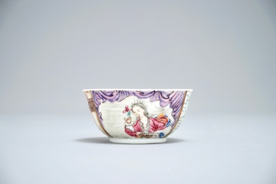 A fine Chinese famille rose cup and saucer with a lady and her dog, Yongzheng