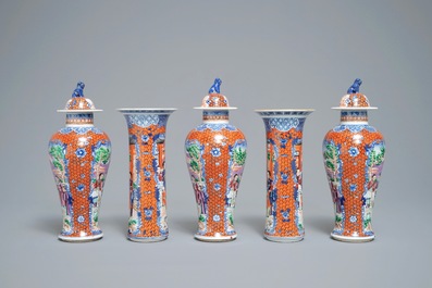 A famille rose-style five-piece garniture with Mandarin design, Samson, Paris, 19th C.