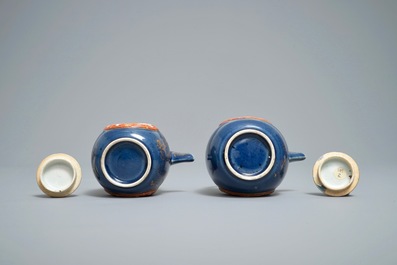 Two Japanese blue-ground Imari teapots with moulded designs of roosters and flowers, Edo, 17/18th C.